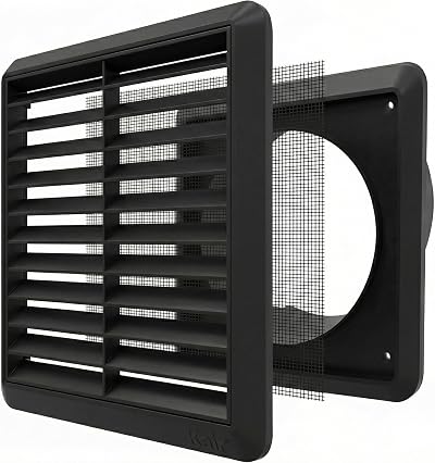 Kair Black 100mm Louvred Wall Vent Grille with Flyscreen 155mm x 155mm