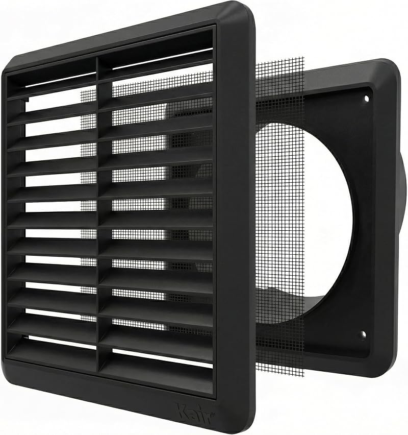 Kair Black 150mm Louvred Wall Vent Grille with Flyscreen 183mm Cover