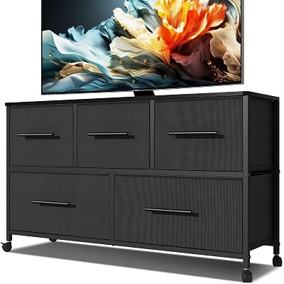 MYGIIVOVO Chest of Drawers Dresser with 5 Fabric Drawers TV Stand Black