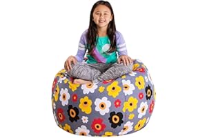 POSH CREATIONS Posh Stuffable Kids Stuffed Animal Storage Bean Bag Chair Cover - Childrens Toy Organizer, Large 38" - Canvas Multicolored Flowers on Gray