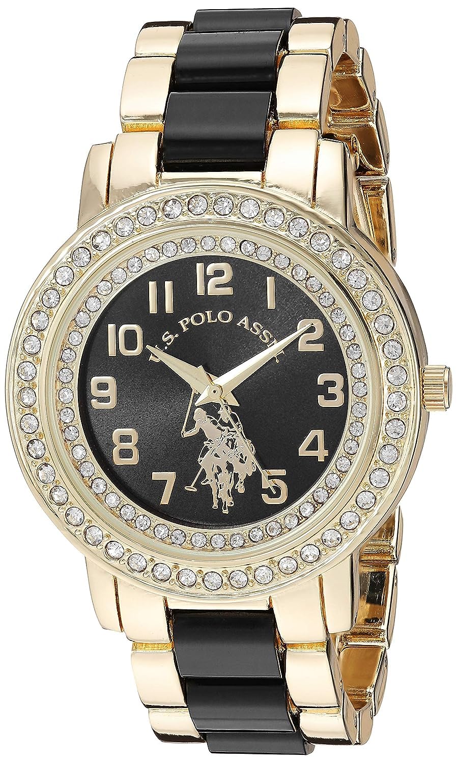 Photo 1 of U.S. Polo Assn. Women's Gold-Tone Watch with Black Dial and Crystal Bezel – Two-Tone Link Bracelet Quartz Analog Timepiece Fits Wrists 5.5"-8" with 40mm Case in Gift-Box