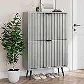 Smuxee Shoe Cabinet with 2 Flip Drawers, 23.6" Grey Hidden Shoe Storage Cabinet with Fluted Design, Freestanding Shoe Organizer Cabinet for Entryway, Hallway, Living Room, Closet
