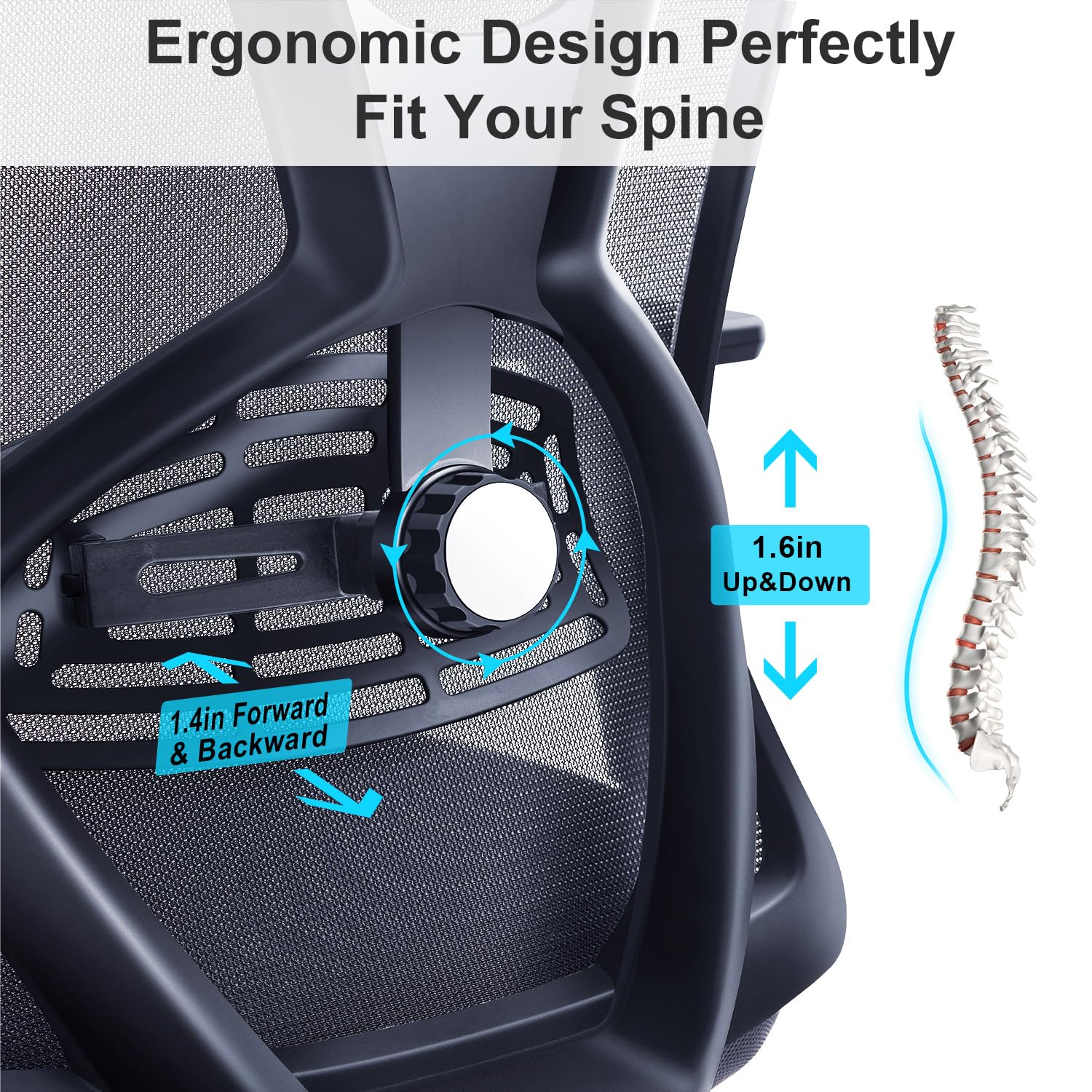 Ticova Ergonomic Office Chair - High Back Desk Chair with Adjustable Lumbar Support, Headrest & 3D Armrest - 130°Rocking Mesh Computer Chair - Image 3