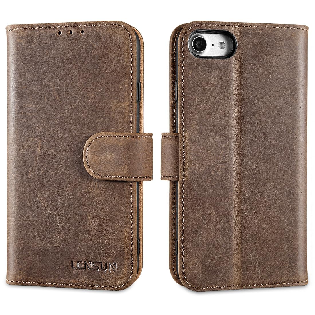 Lensun iPhone SE 2022/SE 2020/8/7 Flip Case, Genuine Leather & TPU, Dark Brown Retro, Magnetic Closure, Wallet Function, Foldable — image 1