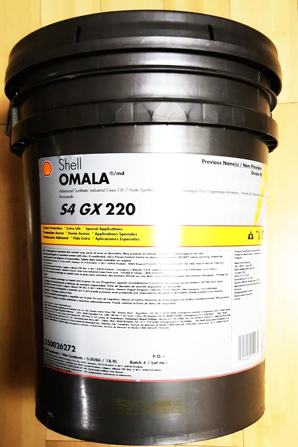 Shell Omala S4 GX 220 5 gal pail Synthetic Gear Oil.