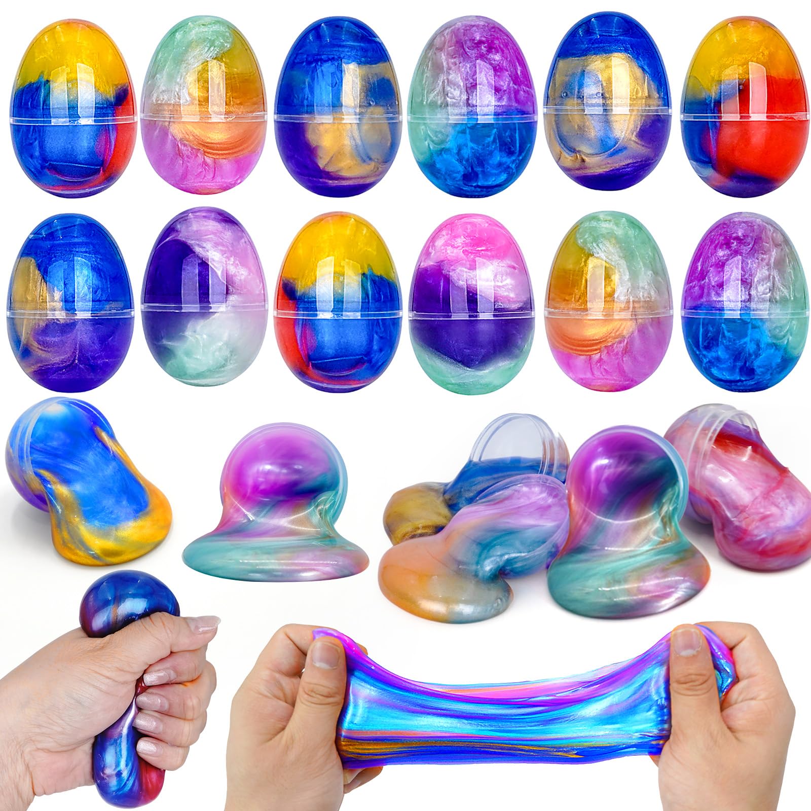 ZICZLI 12 Pack Prefilled Easter Galaxy Slime Eggs, Slime Egg Fillers Squishies Stress Reliever Toys for Kids Boys Girls Easter Hunt Filling Treats Basket Stuffers Easter Party Favors
