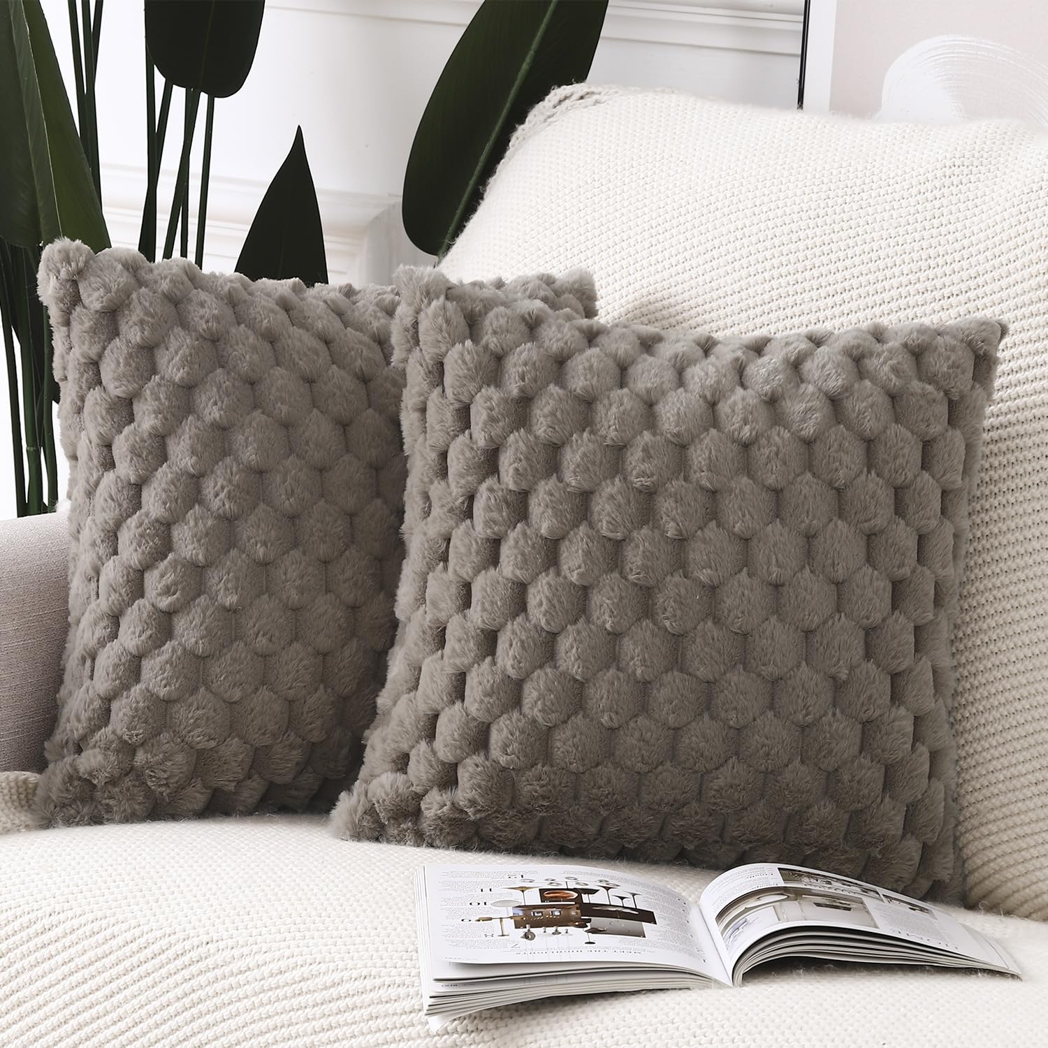 Madizz Faux Wool Taupe Cushion Covers 18x18 inch, 45x45 cm, Set of 2 Super Soft Boho Throw Pillow Covers Decorative Textured Pillowcases for Sofa Bedroom โ image 1