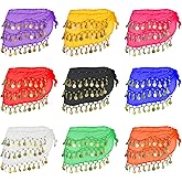 9 Pcs Belly Dance Hip Scarf, Belly Dance Skirt Sequin Tassel Skirt Wrap Sparkly Tinsel Fringe Skirts with Sequins and 128 Gold Coins Performance Costume for Women
