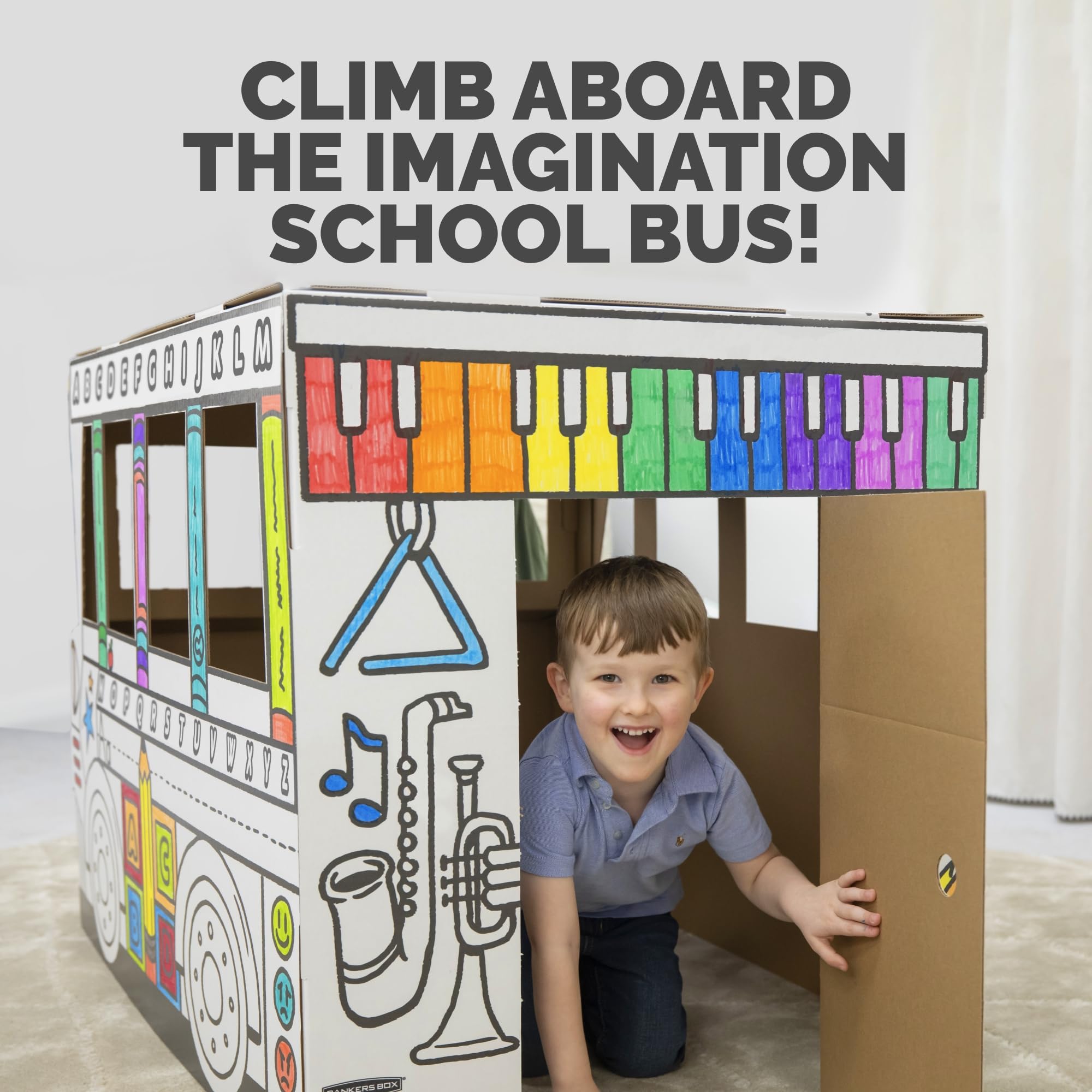 Bankers Box at Play School Bus Cardboard Playhouse and Craft Activity for Kids