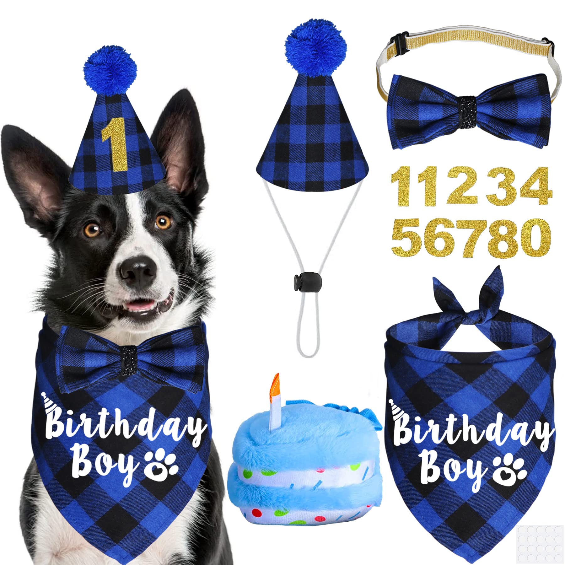 JOTFA Dog Birthday Party Supplies, Plaid Dog Birthday Boy Bandana with Dog Birthday Number Hat Bowtie Dog Birthday Cake Squeaky Toy for Small Medium Large Dogs Pets