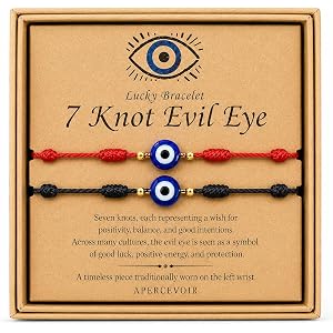 APERCEVOIR Evil Eye Bracelets Women Men Adjustable 7 Knot String 2 Pack | Gold-tone Nazar amulet, handmade cord, kraft gift b