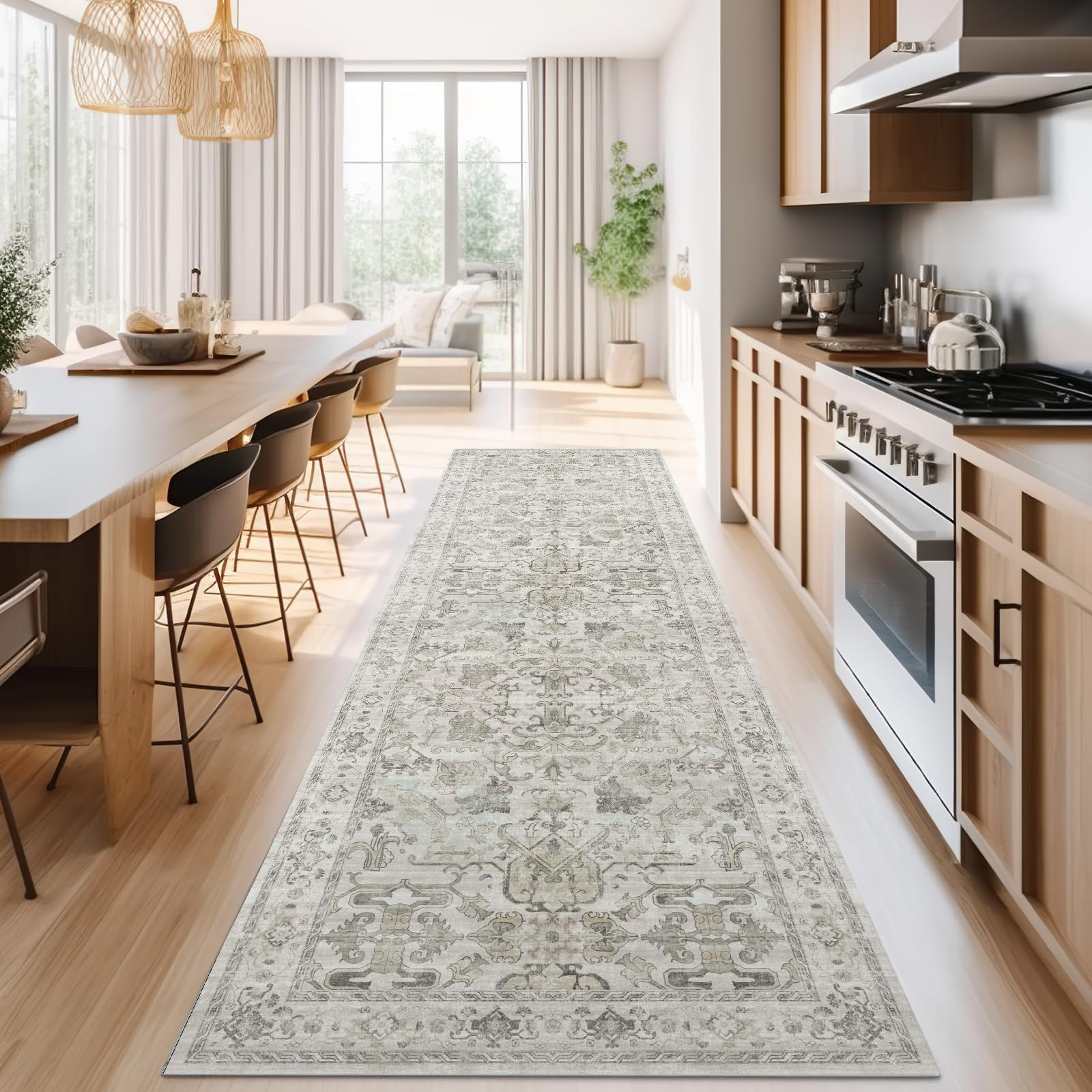 Photo 1 of jinchan Hallway Runner Rug 3x8 Machine Washable - Vintage Floral Non-Slip Low-Pile Soft Ultra-Thin Faux Wool Kitchen Rug Distressed Carpet Runner for Farmhouse Bedroom Laundry Room (3x8ft,Taupe)