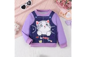 Toddler Girl Pullover Sweatshirt Long Sleeve Crewneck Top Comfortable Cat Print Kids Blouse Ideal for Daily Casual Wear 3-7T