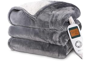 RAINOVA Heated Blanket Electric Throw, Electric Blanket-50''x60'', Soft Flannel Lamb Swool Heating Blanket, 10-Level Heating, 10-Hour Auto-Off, Gifts for Parents and Elders, Gray, ETL & FCC Certified