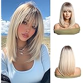 Aecaeceo Blonde Bob Wig with Bangs Ombre Blonde Wigs for Women Short Straight Wig Synthetic 14 Inches Layered Wig Blonde Highlight Hair Replacement Wigs for Cosplay Daily Party Use