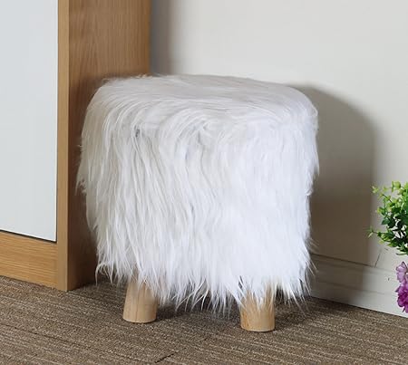 Footstool Pouffe Stool Faux Fur Stool for Bedroom Home Office Living Room Drawing Room Balcony(30 cm X 30 cm, Wood and Faux Fur) by TIED RIBBONS