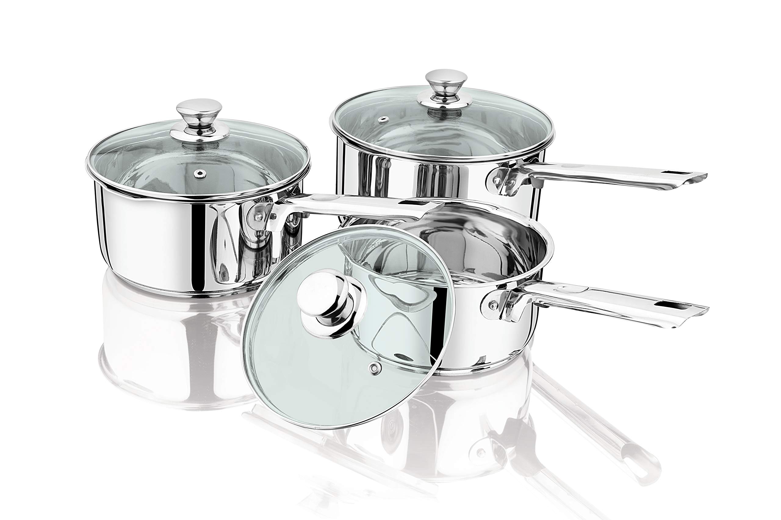 Penguin Home Saucepan Sets 16cm, 18cm & 20cm Stainless Steel Sauce Pan Sets with Induction Hob & Glass Lid/Double Pouring Lips MilkPan/Cookware Set Cooking Pots & Pans/Dishwasher Safe