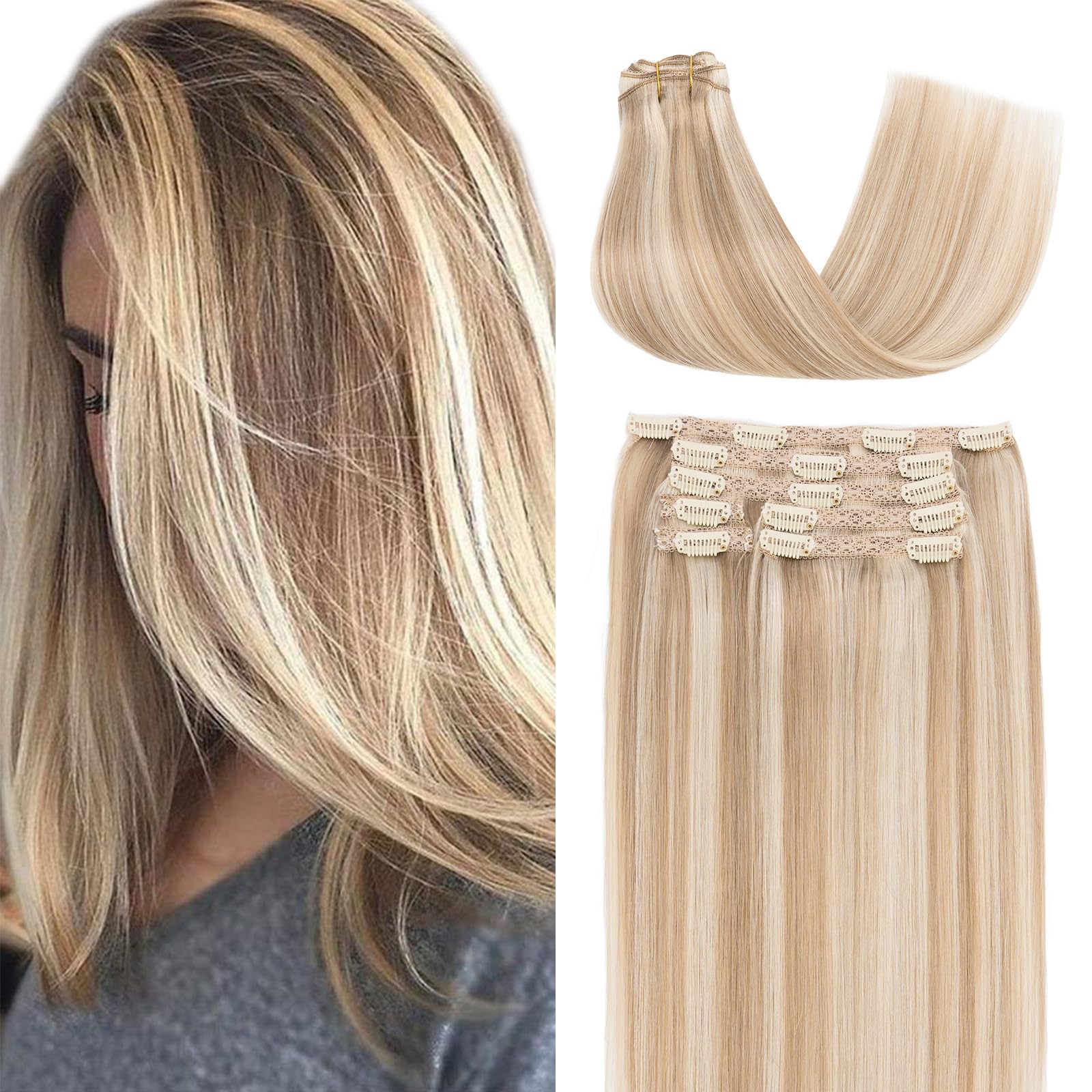 Elailite Clip in Hair Extensions Real Human Hair Double Weft Virgin Remy Hair Lace Weft 7 Pcs Full Head Straight - 7Pc-Lace #12/613 Golden Brown Mix Bleach Blonde - 10 Inch 85g — image 1