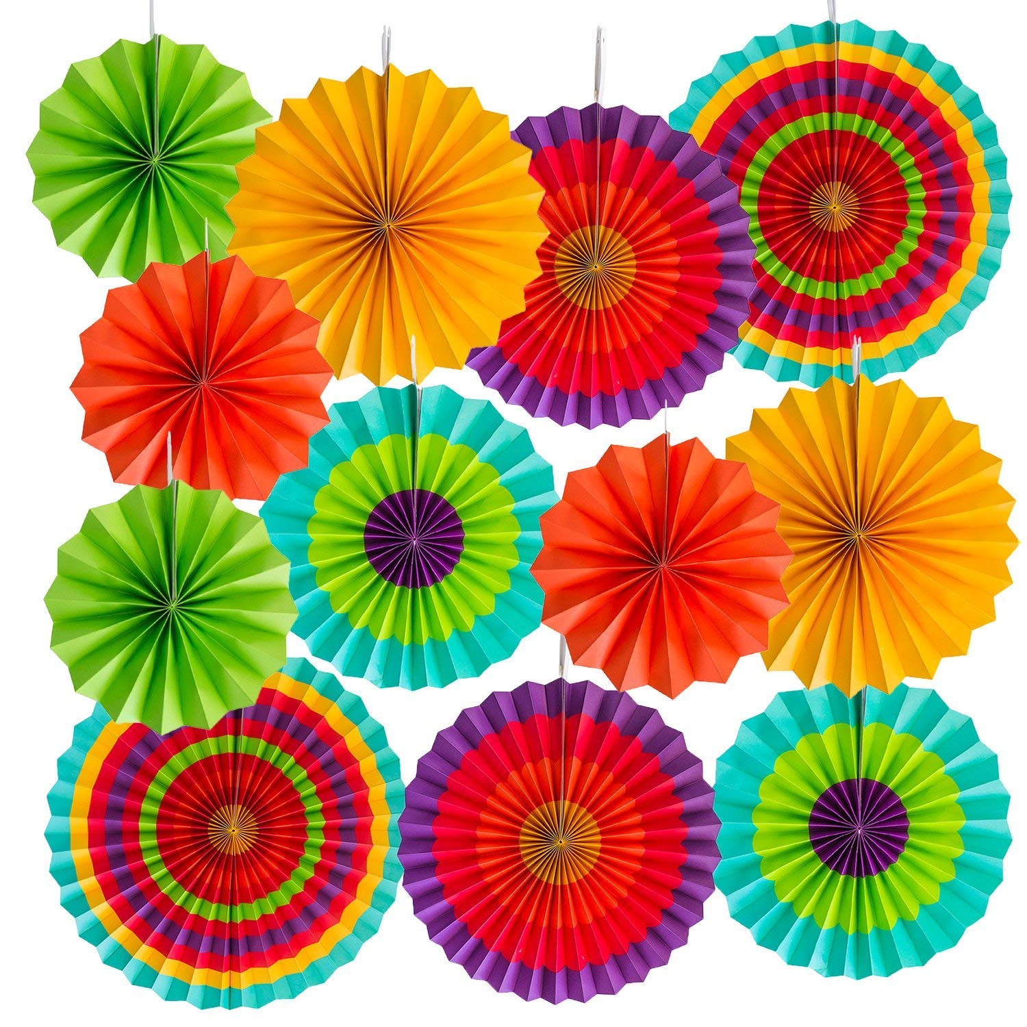 OveeLando 2 Set of 6 Vibrant Bright Colors Hanging Paper Fans Rosettes Party Decoration 8" 12" 16" Various Sizes