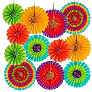 OveeLando 2 Set of 6 Vibrant Bright Colors Hanging Paper Fans Rosettes Party Decoration 8" 12" 16" Various Sizes