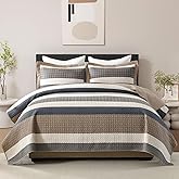 SahSahCasa Quilt Set Queen Size, 100% Cotton, Queen Comforter Set, Striped Quilted Bedspreads, Farmhouse Queen Bedding Set, Reversible Lightweight Bed Spread for All Season, Brown/Beige/Gray/Cream