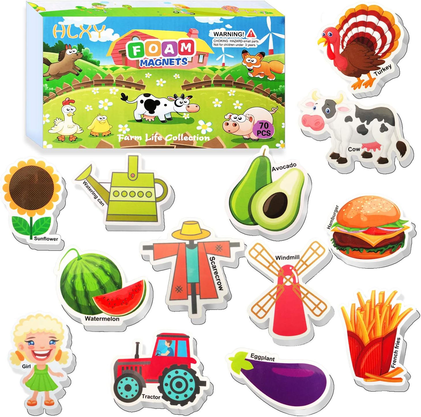 HLXY Educational Toys Fridge Magnets for Kids Toddlers Set of 70 Farm Animal Magnets - Foam Magnets - Fruit Vegetables Food Magnets - Developmental Baby Toddlers Early Learning Toys