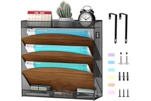 Aimeaihe Wall File Organizer, Wood Wall File Holder, 5 Tier Vertical Hanging Wall File Organizer, 3 Pockets Wall Mount File Holder with Top and Bottom Flat Tray for Office School Home, Black