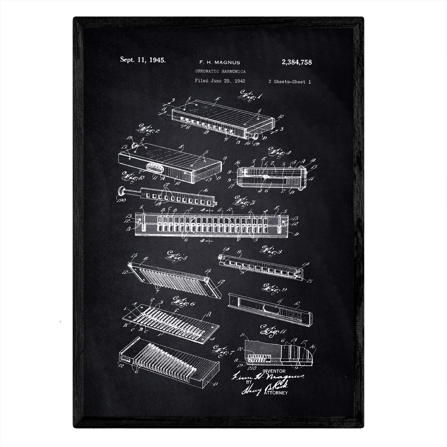 Nacnic Poster patent Harmonica. Sheet with old design patent A3 size with black background
