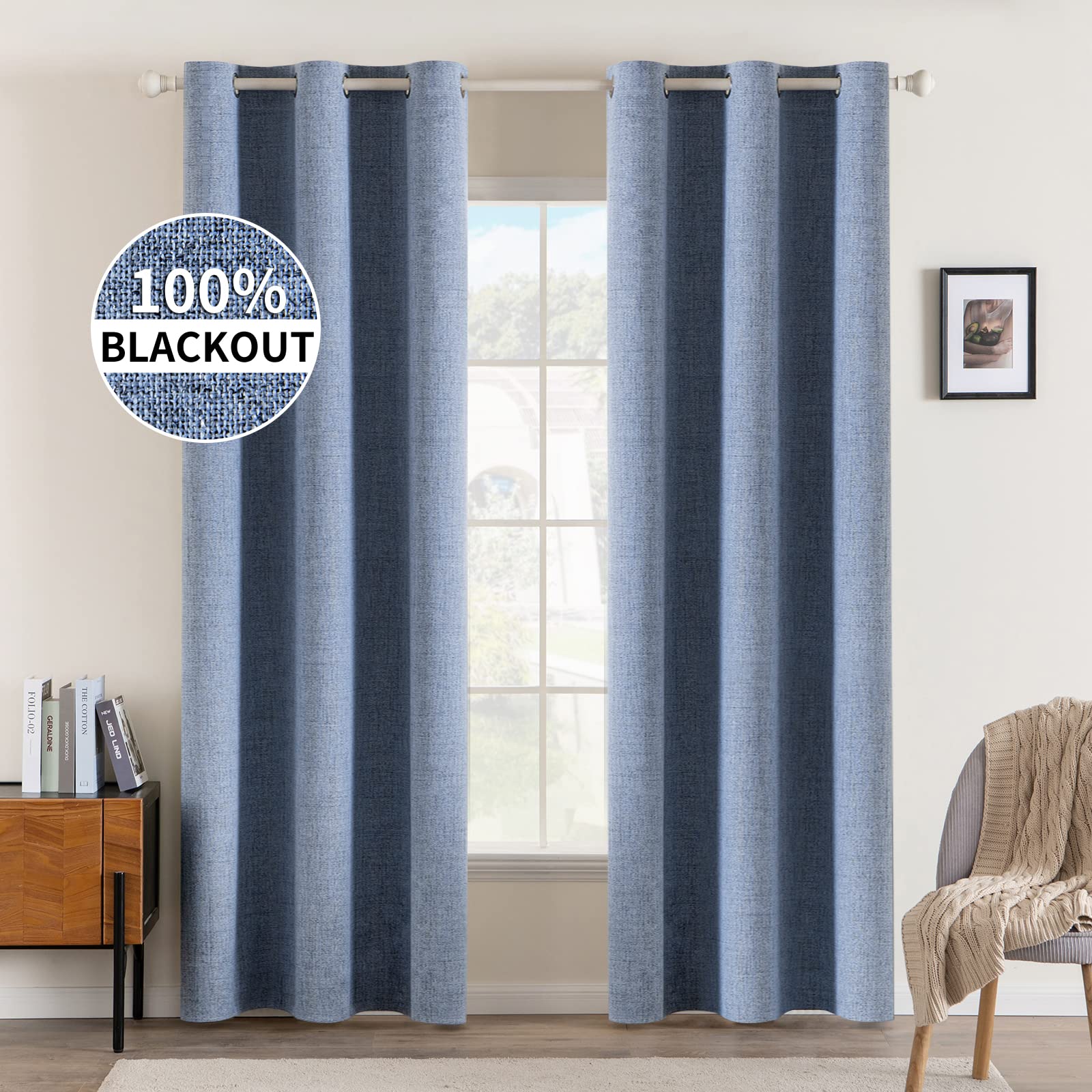 Photo 1 of MIULEE Linen Blackout Curtains and Drapes 100% Room Darkening Thermal Insulated Grommet Window Panels with Coating 2 PCs W 42 x L 90 inches Stone Blue