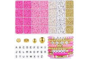 JAPIOR 5000 Pcs Friendship Bracelet Kit Clay Beads Bracelet Making Kit Pink White Heishi Clay Beads for Bracelet with Letter Gold Beads for Jewelry Making Kit Girls