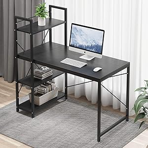 Tower Computer Desk with 4 Storage Shelves - 47.6 inch Writing Study Table with Bookshelves Study Desk Modern Steel Frame Compact Wood Desk Home Office Workstation (Black)