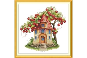 WOWDECOR Stamped Cross Stitch Kits for Adults Beginners, Pre Printed Apple House Fruit Tree Fairy Tale Cottage 11ct 45x45cm P