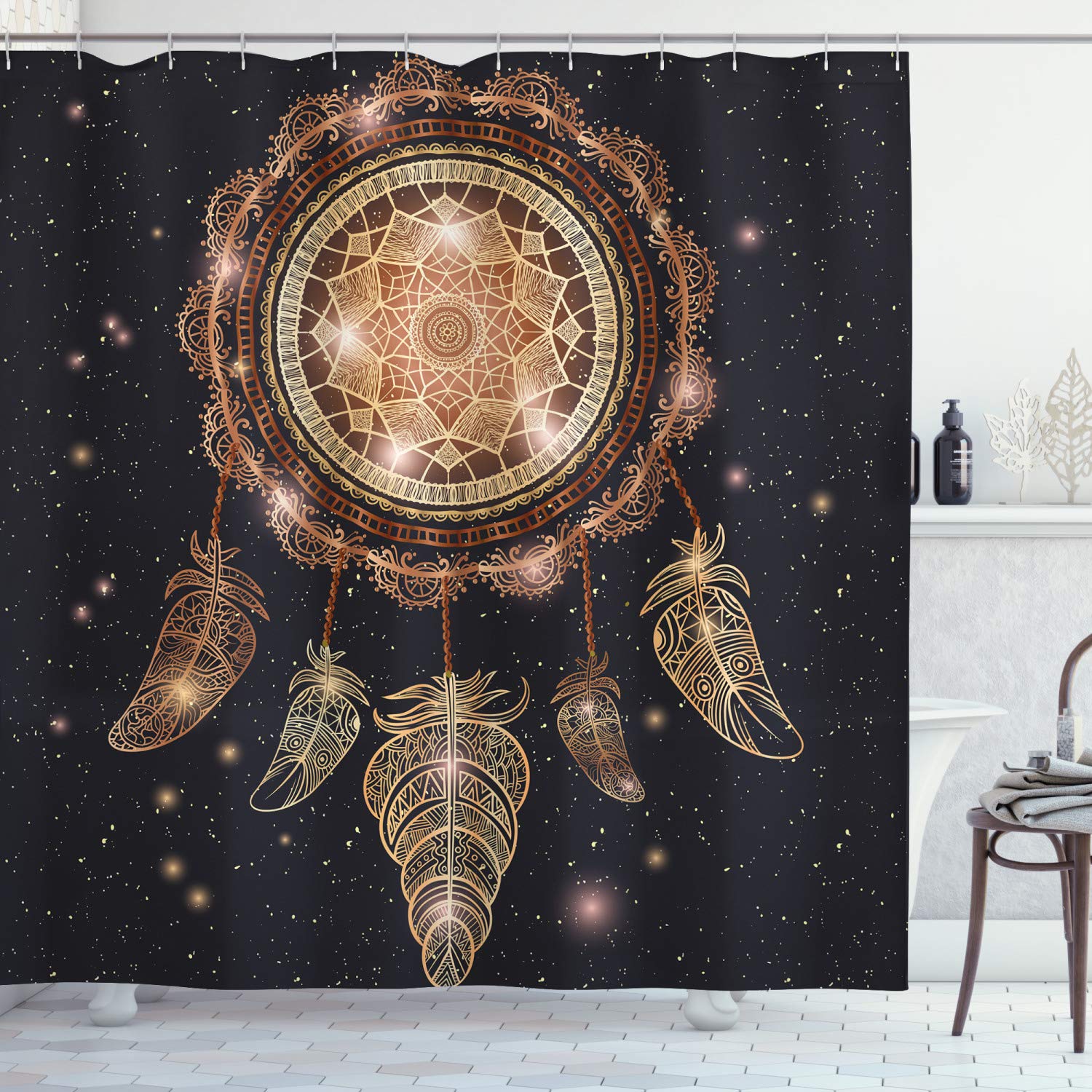ABAKUHAUS Mandala Shower Curtain, Dreamcatcher Motif Magic Feathers Hippie Design on Starry Backdrop, Cloth Fabric Bathroom Decor Set with Hooks, 70 Inches, Black Pale Cinnamon โ image 1