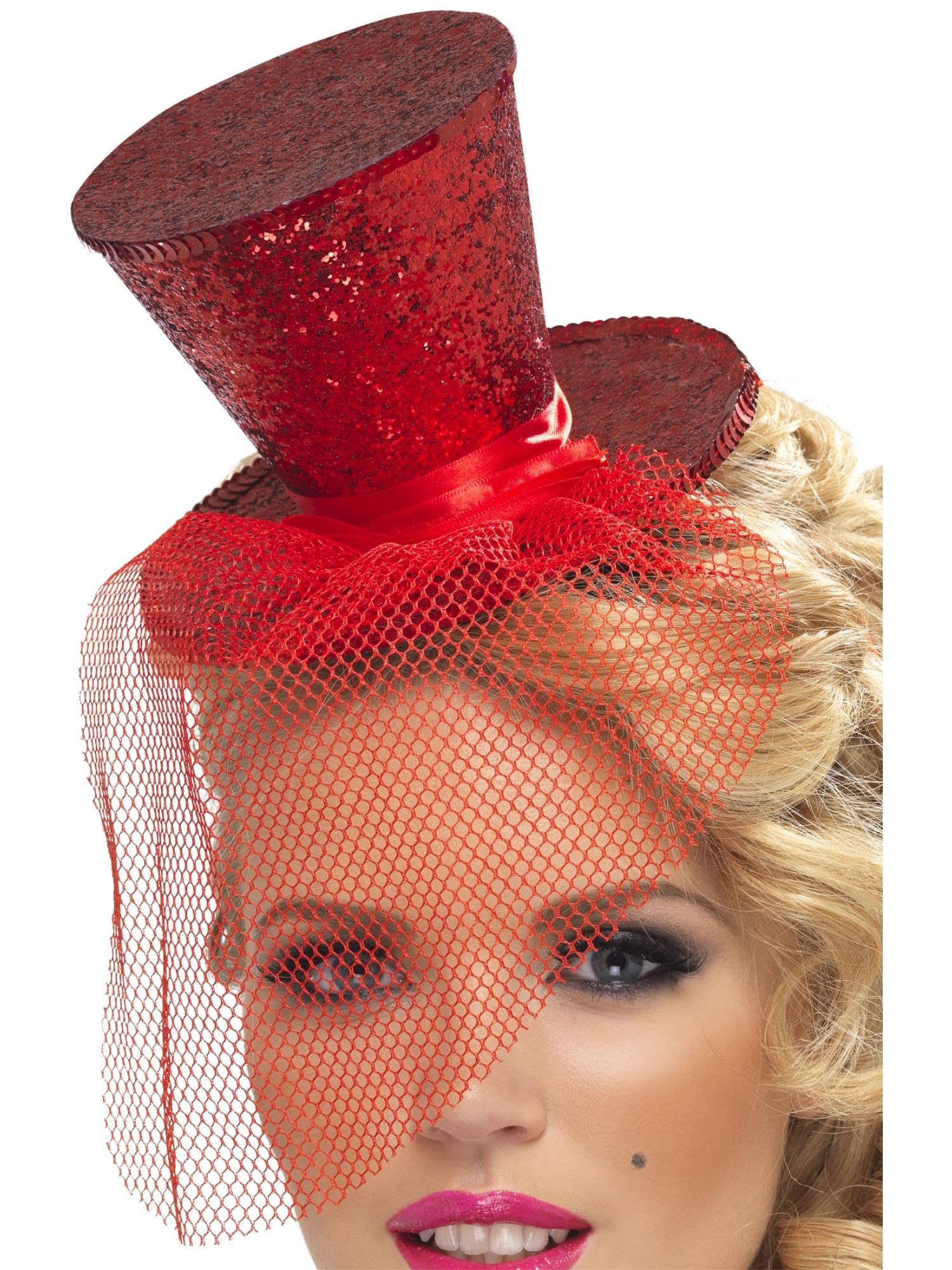Smiffys Fever Mini Top Hat on Headband, Red with Detachable Netting, Fever Accessories Fancy Dress, Fever Dress Up Hats