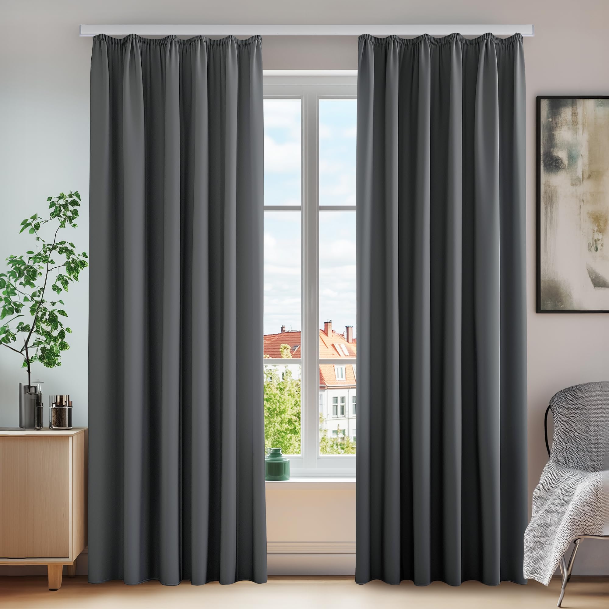 Deconovo Super Soft Solid Thermal Insulated Curtains Blackout Curtains Pencil Pleat Curtains for Bedroom Drak Grey W55 x L54 Inch 2 Panels