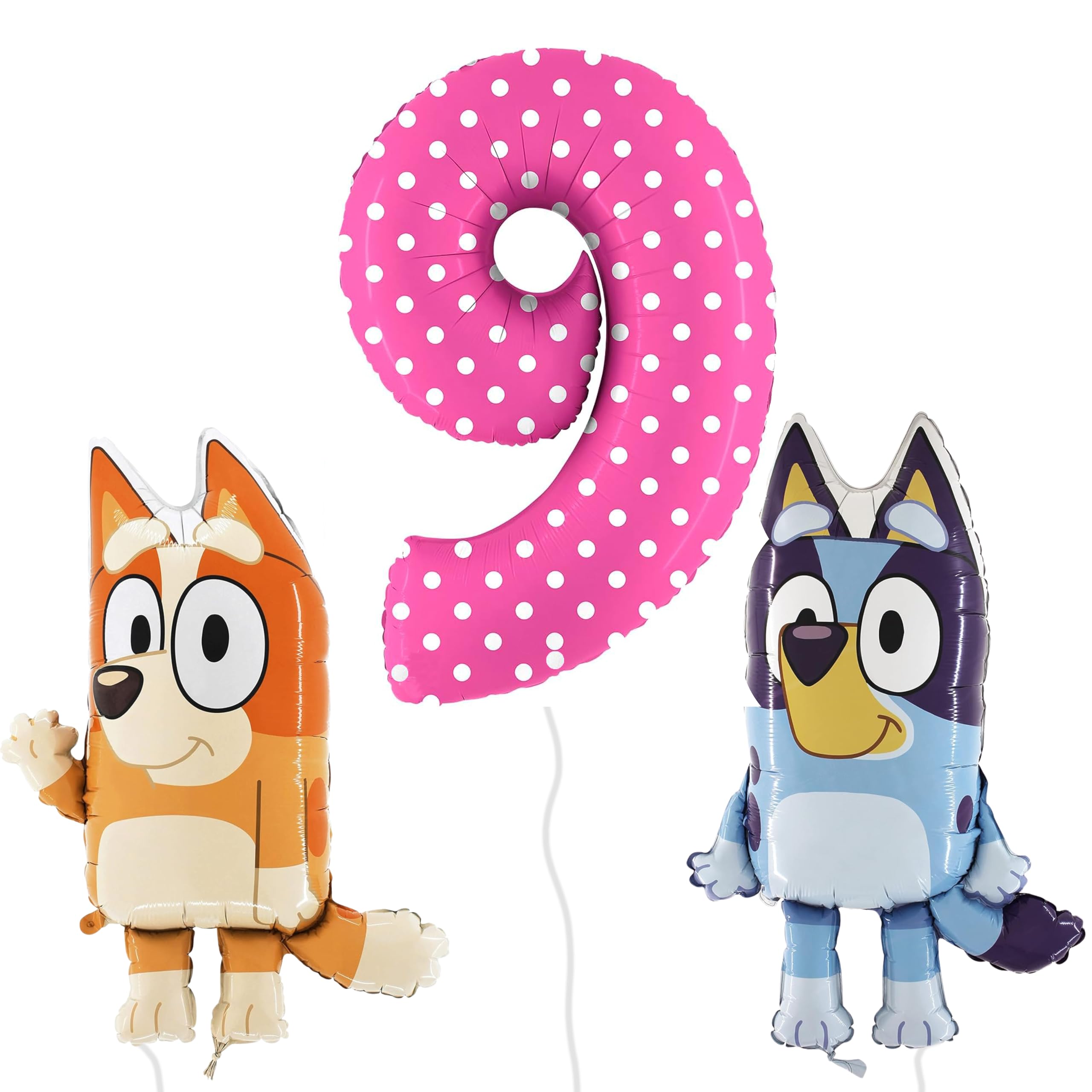 Toyland® Bluey & Bingo Foil Balloon Pack - 2 x 80cm (32") Character Balloons & 1 x 101cm (40") Spotty Number Balloon - Kids Party Decorations