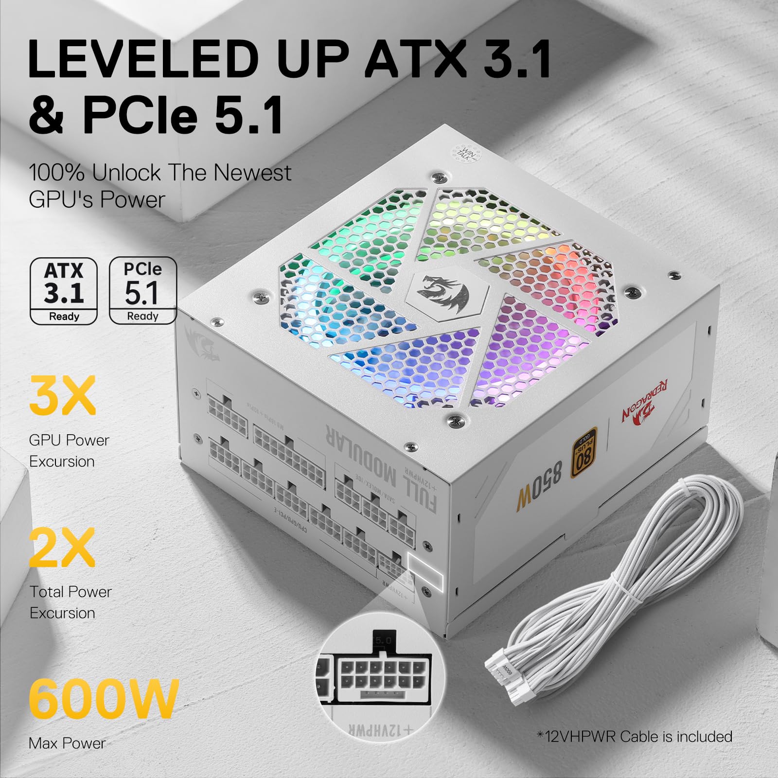 Redragon RGPS-850W 80+ Gold 850 Watt Power Supply w/Upgraded ATX 3.1 & PCIe 5.1 Fully Modular, 12VHPWR Cable Included, 100% Japanese Capacitors, Smart ECO Low Noise RGB Fan, Compact 160mm Size