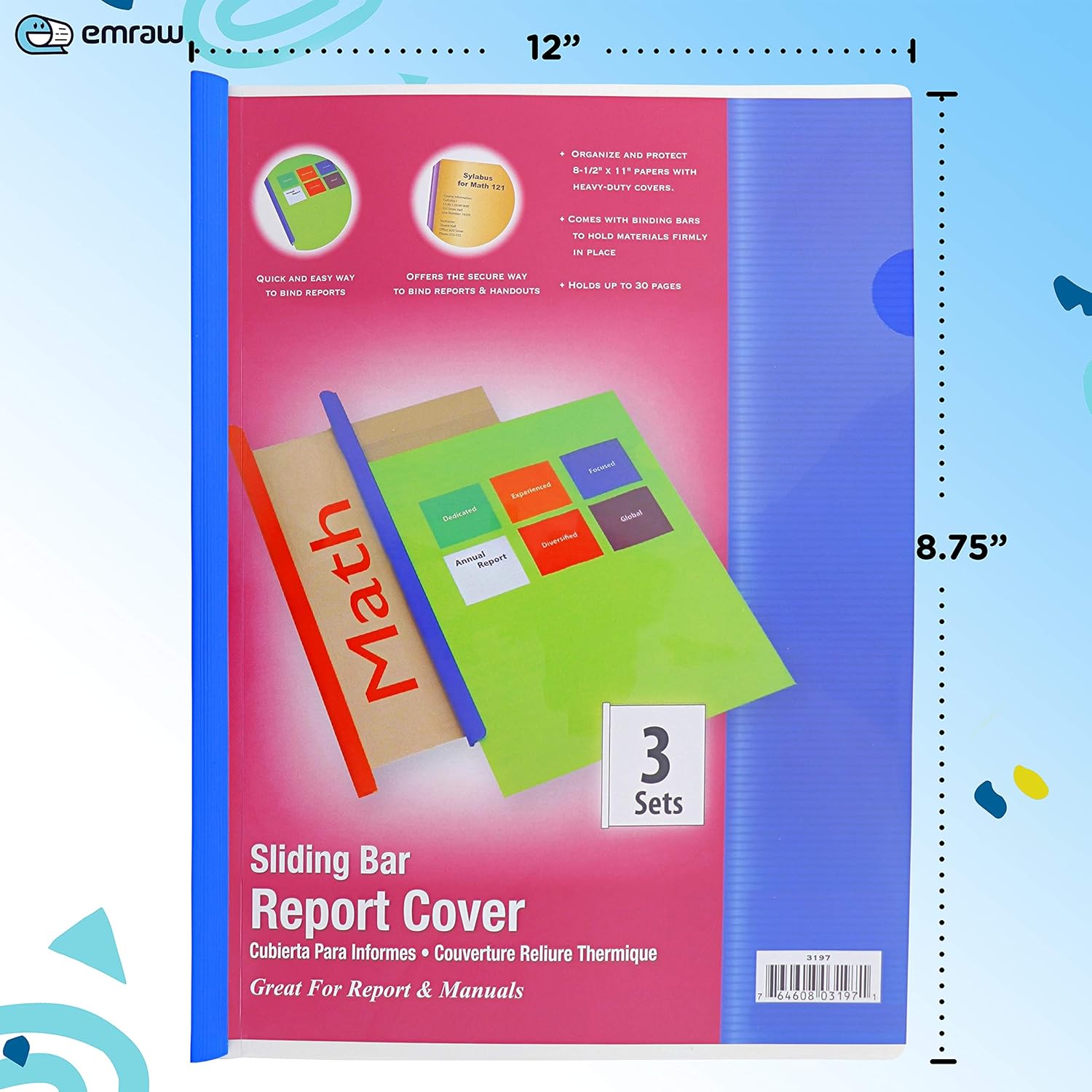 Report Covers with Sliding Bar fits 8.5" x 11" 30 Pages Heavy Duty Clear Front Cover Perfect for Schools, Colleges, Offices by Emraw (3 Pack) : Office Products