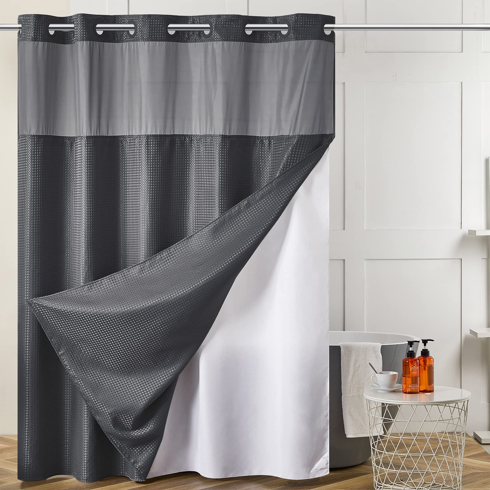 Furlinic Extra Long 84 Inch Shower Curtain with Snap in Liner Set,No Hook Waffle Weave Bathroom Curtains,Honeycomb Textured,Hotel Style with See Through Window,Waterproof,Gray,71x84 Inch Image