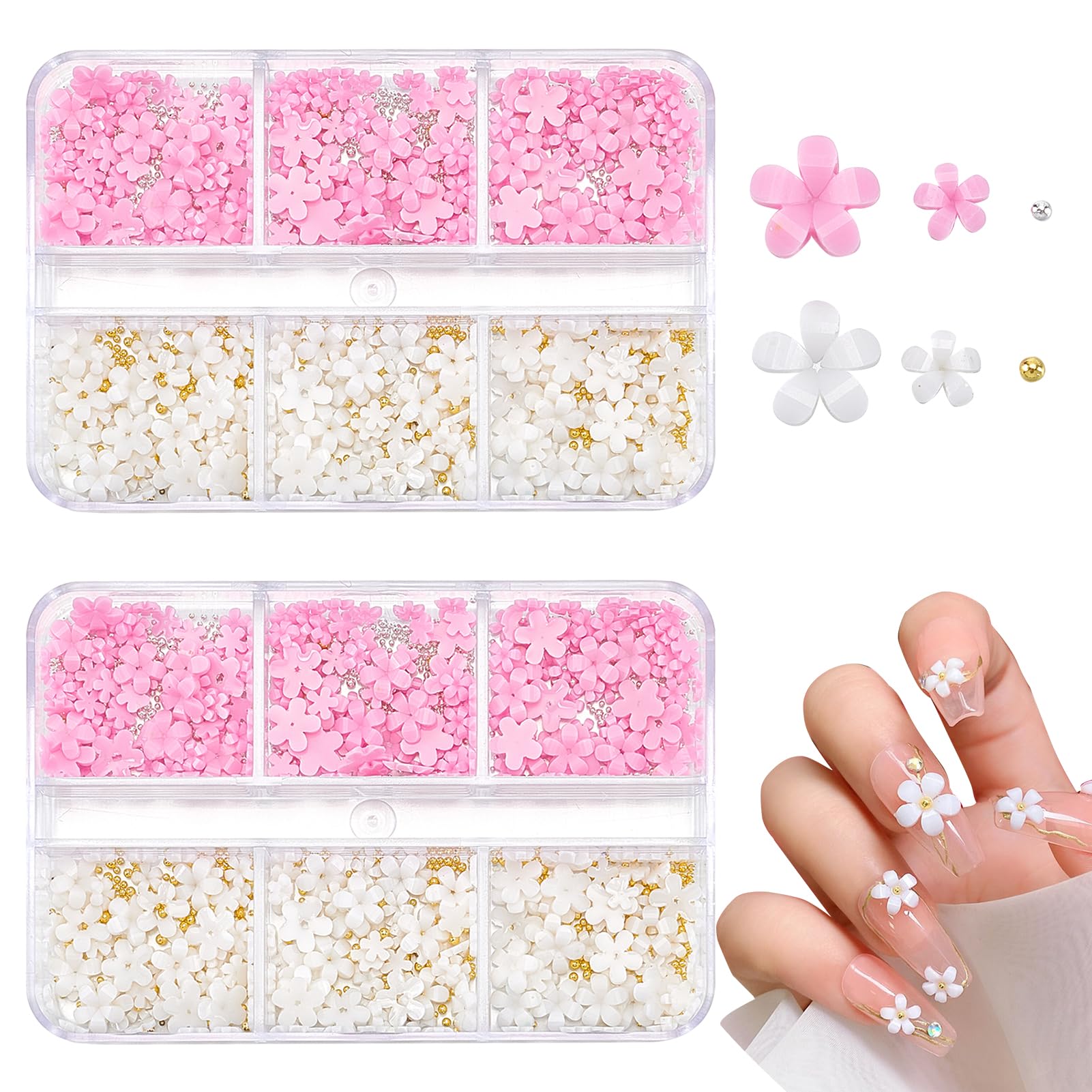 NICENEEDED 3D Flowers Nail Art Charms, White Pink Acrylic Nail Charms Nail Art Rhinestones with Gold Silver Round Beads, Spring Gems Acrylic Nail Supplies for Women DIY Nail