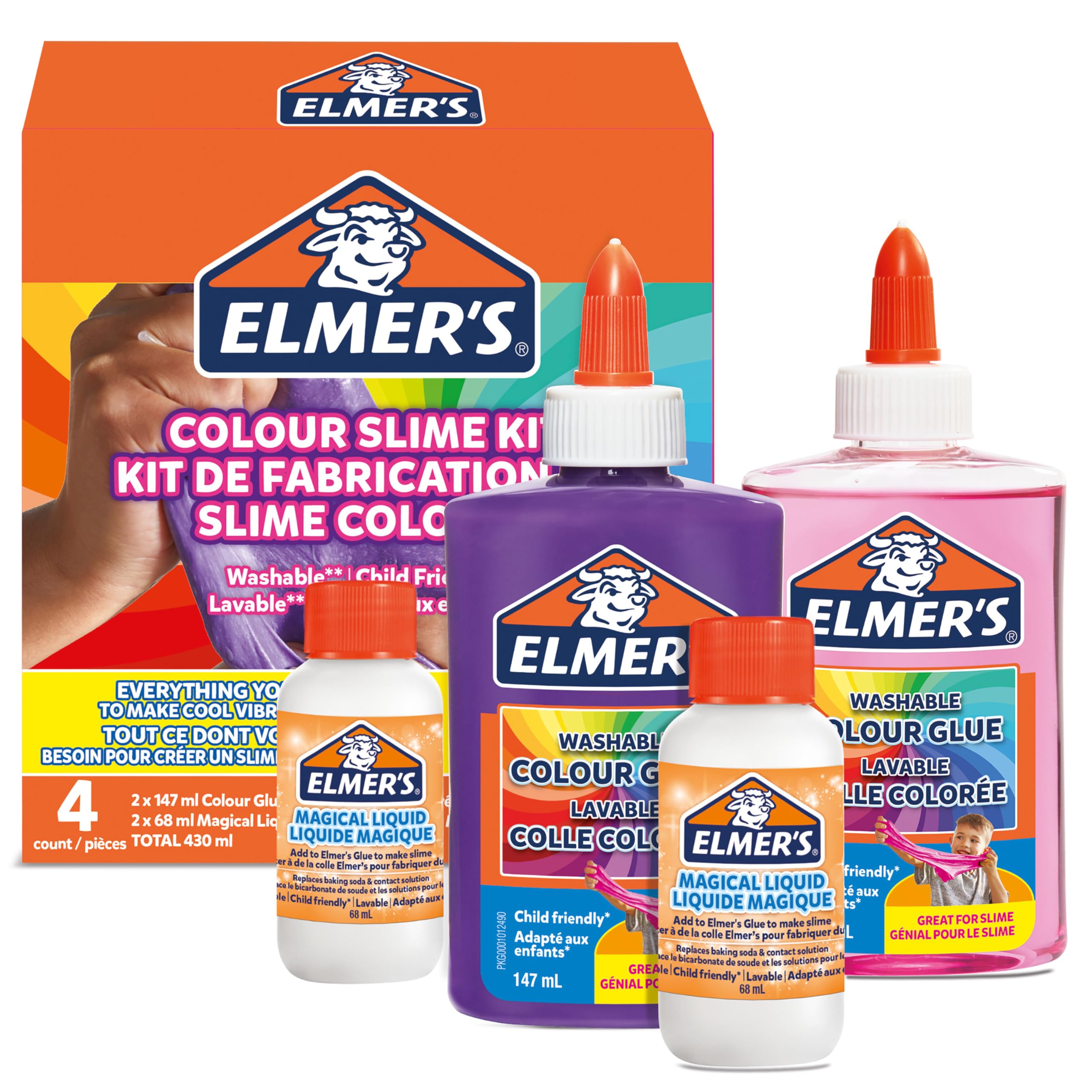 Elmer's Colour Slime Kit | Slime Supplies Include Washable Colour PVA Glue | Assorted Colours & Magical Liquid Slime Activator | Washable & Kid Friendly | 4 Count