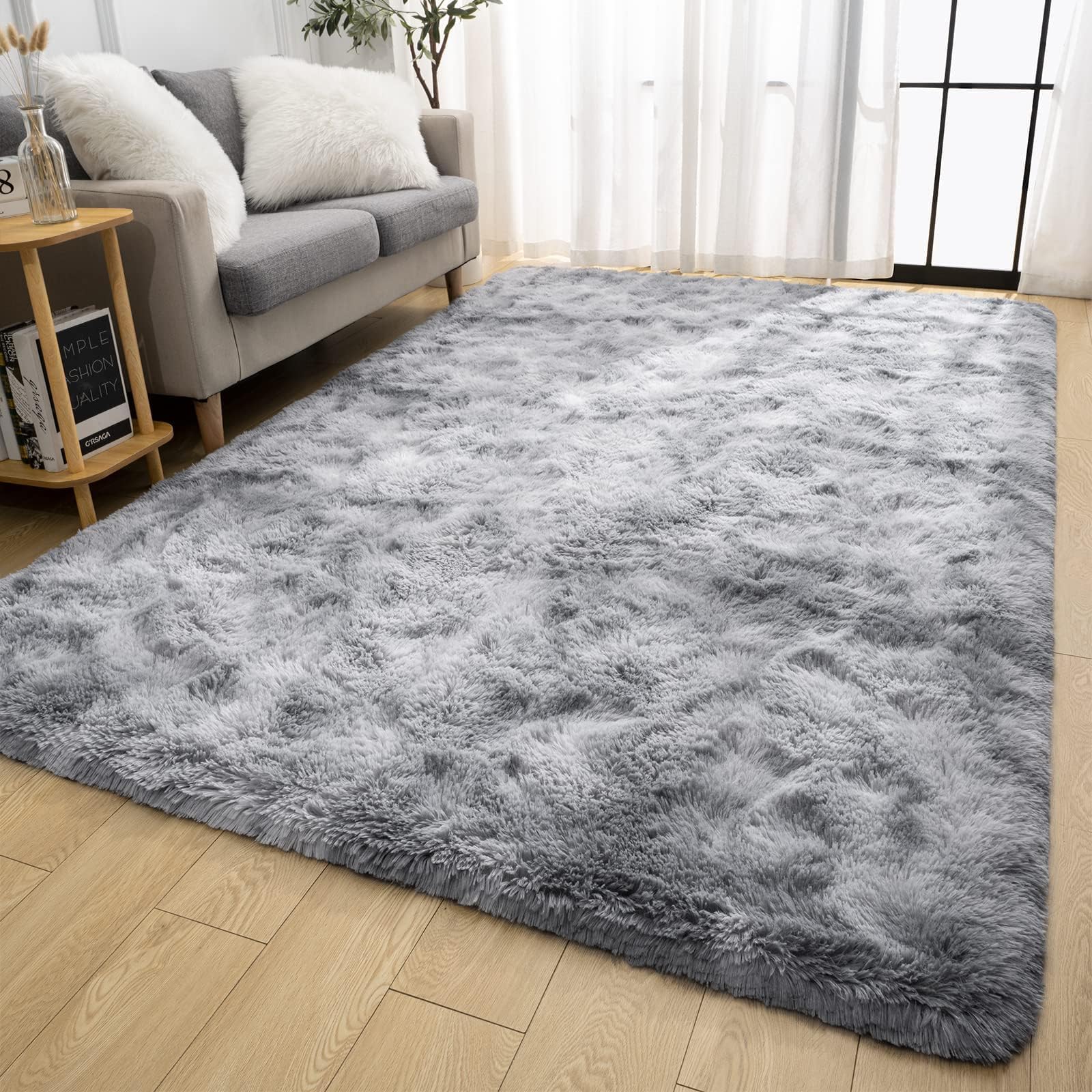 Tinyboy-bhq Area Rugs Soft Living Room Carpets Anti Slip Fluffy Bedroom Rug Shaggy Floor Mats Large for Hallway Bedroom (Grey/White, 120 x 160 cm)