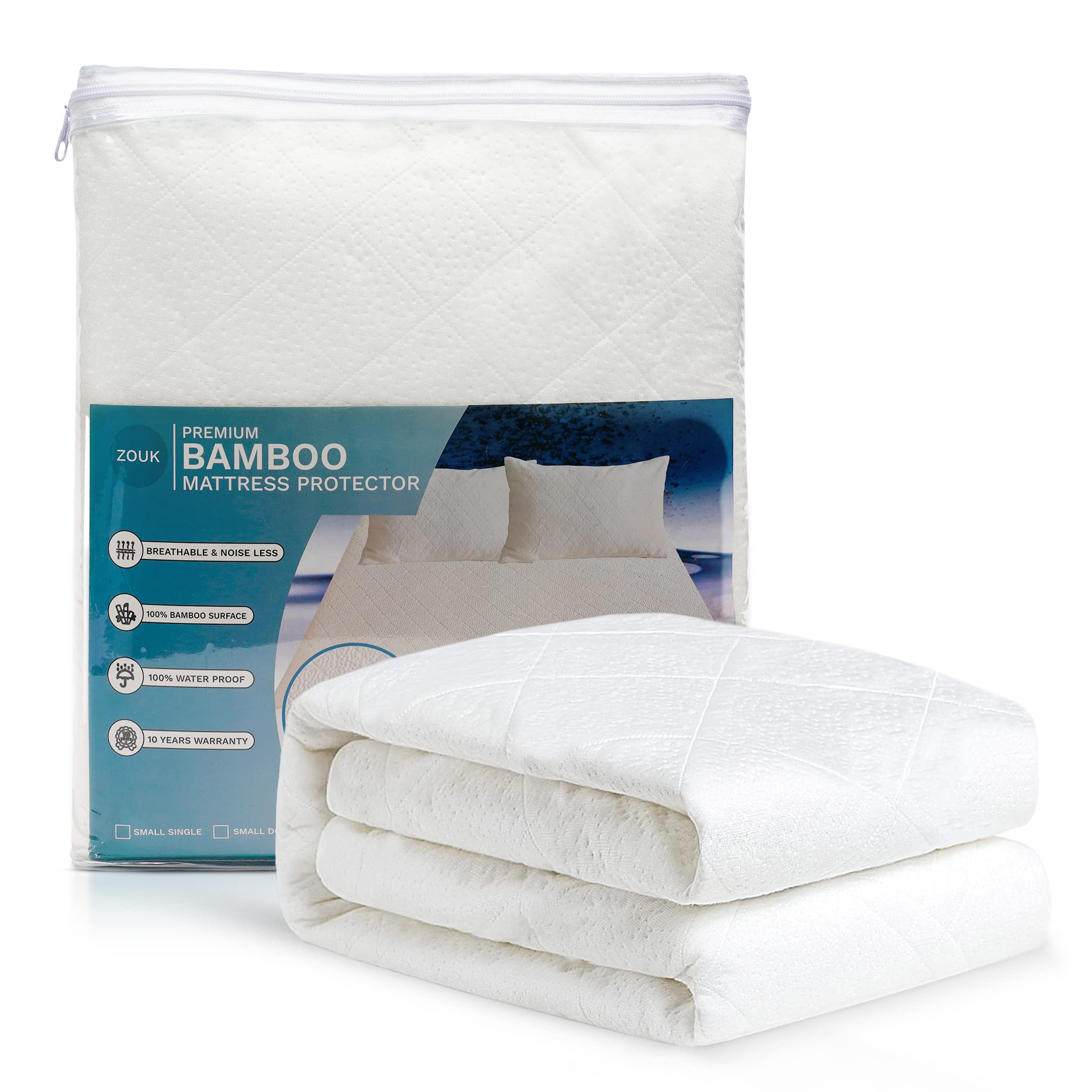 Zouk Bamboo Mattress Protector Double Bed – Waterproof Fitted Cover (135 x 190 + 35 cm) | Breathable, Noiseless & Soft | Double Bed Mattress Protector Waterproof & Hypoallergenic