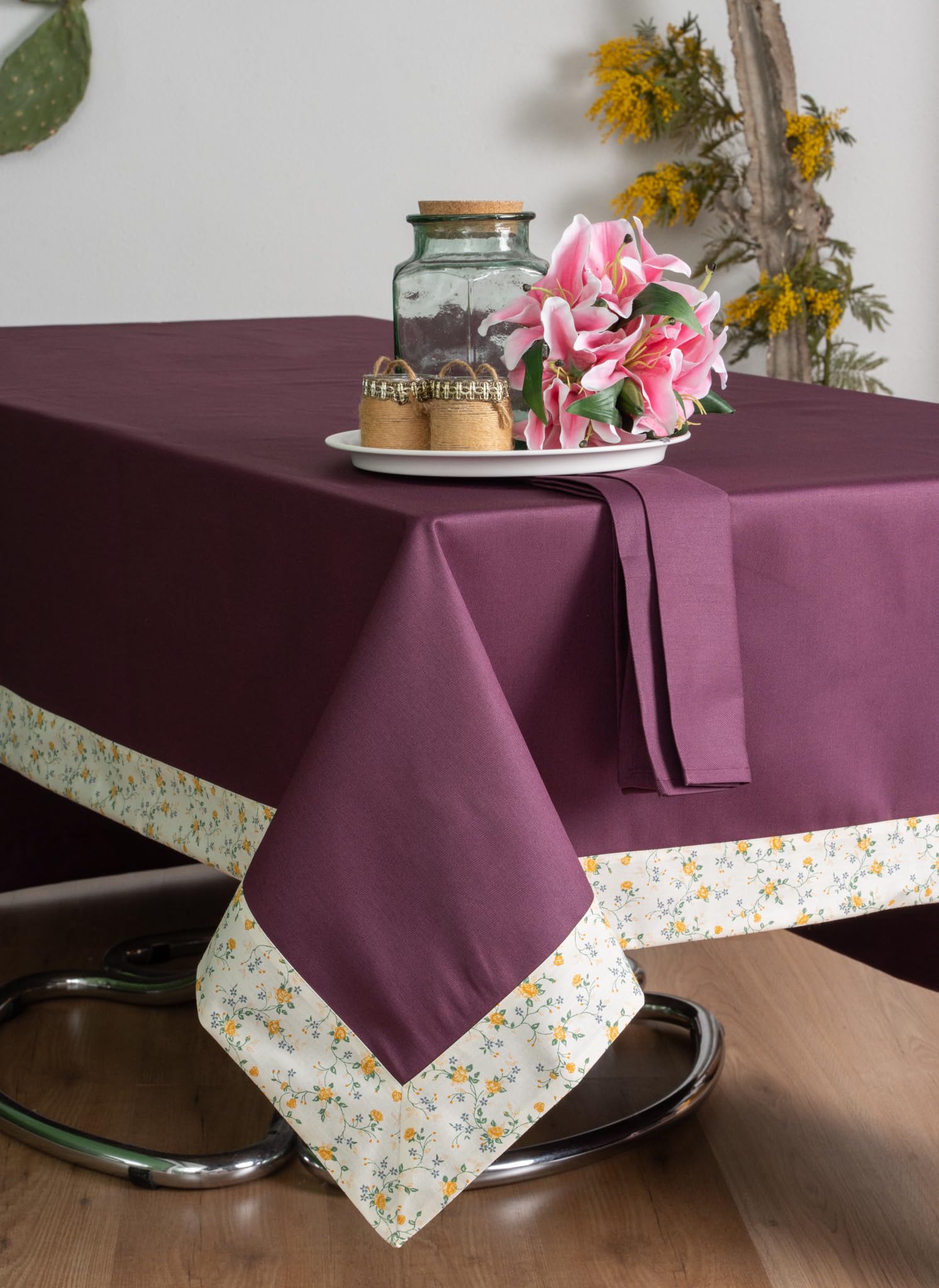 ESSE HOME Modern and Elegant Table Cloth - Pure Cotton Dril Fabric - ANITA (002, Plum, 160 x 160)