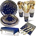 Nkaiso 141 Pieces Navy Blue Gold Party Supplies, Party Dinnerware Sets Include Paper Plates Napkins Cups Silverware, for Wedding Bridal Shower Engagement Birthday Parties Decoration -20 Serves