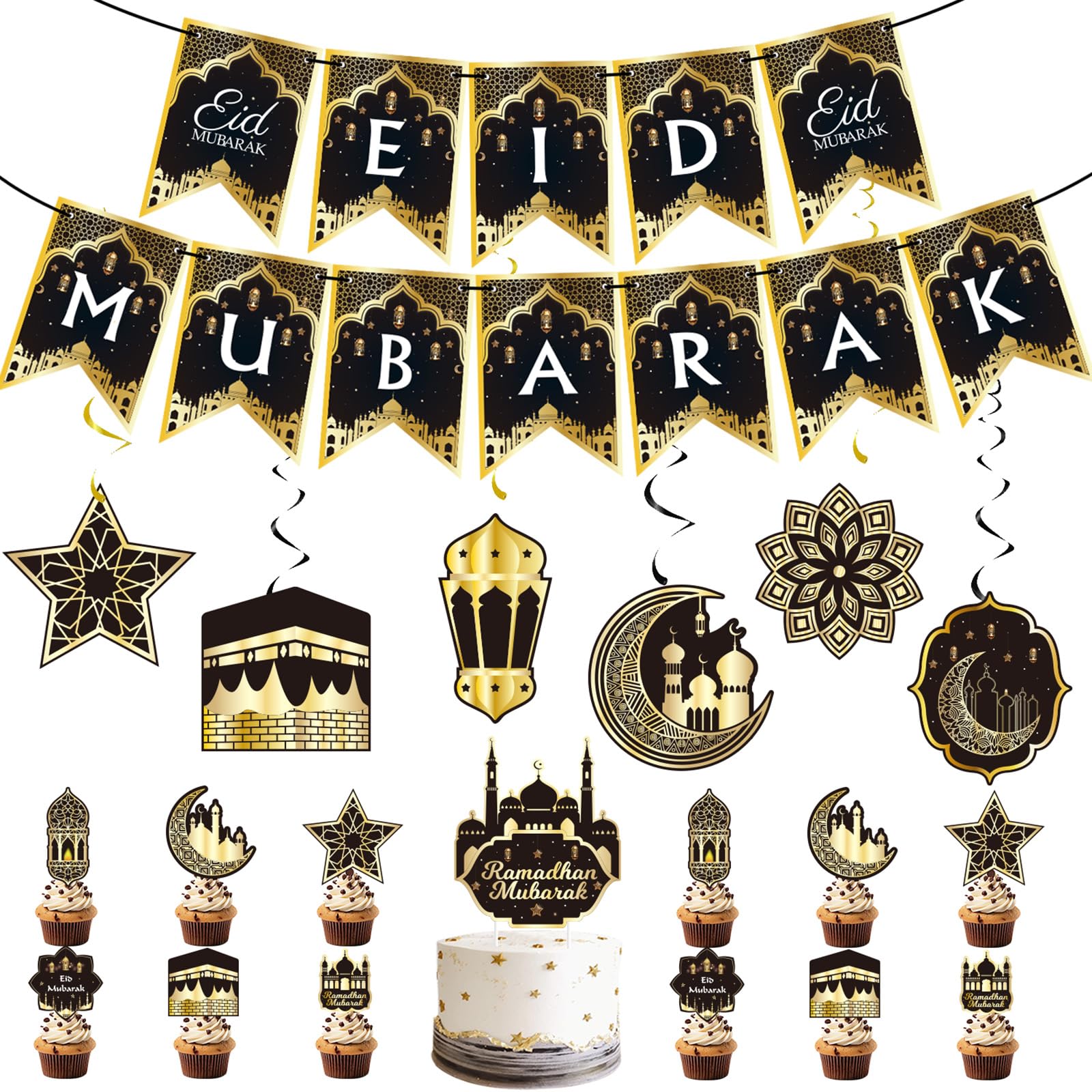 Photo 1 of 31pcs Eid Mubarak Decorations Set - Black and Gold Ramadan Party Supplies including Banner, Hanging Swirls for Muslim Islamic Eid Al-Fitr Home Wall Decor