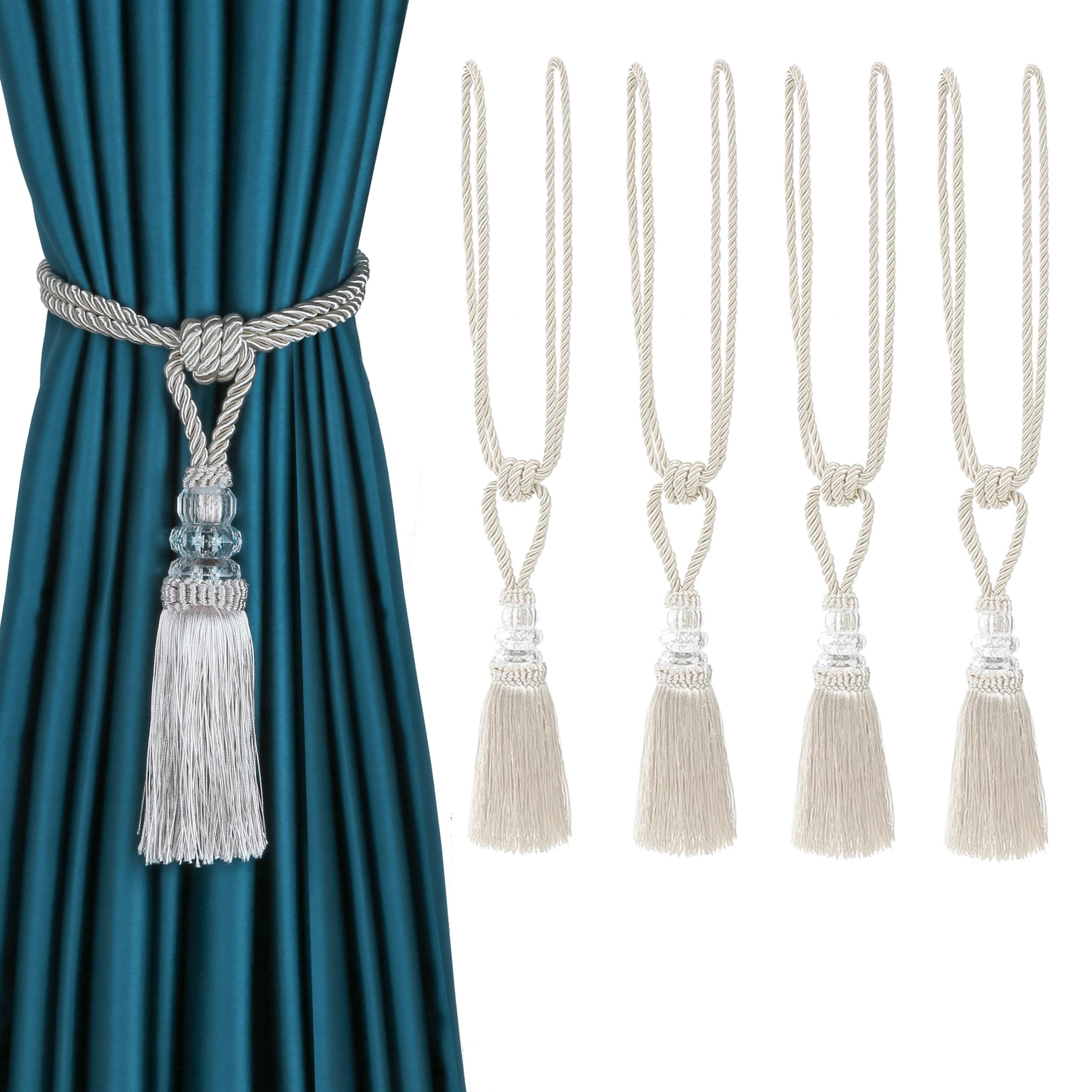 BEL AVENIR 4 Pack Curtain Hand-Woven Tiebacks Crystal Holdbacks Home Decorative (Beige, 4 Pack)