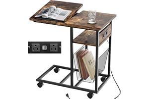 FLYJOE End Table C Shape with Charge Station, Tilting Top Side Table with Magazine Holder and Lockable Wheels, Easy Assembly for Living Room, Bedroom, Industrial Style, Rustic Brown