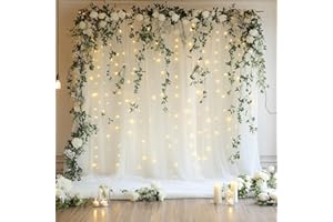 Xiomot Tulle Backdrop Curtain with Lights String 10FT X 8FT Ivory Sheer Tulle Backdrop Curtains for Wedding Birthday Party Re