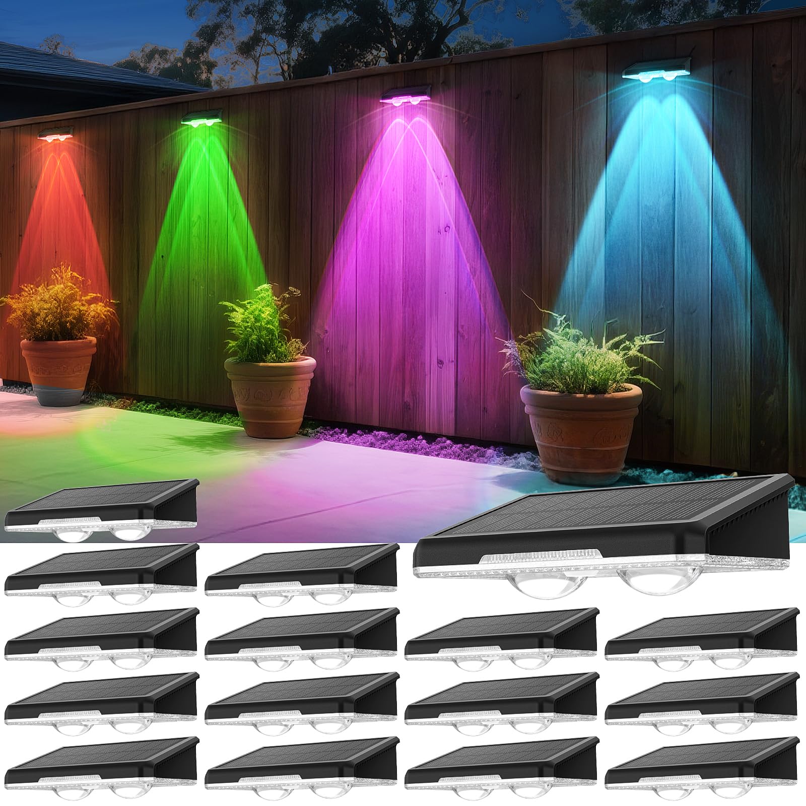 Photo 1 of APILAB Solar Fence Lights Outdoor 16 Pack - 8 Modes (RGB Cycle/Fixed), Fence Lights Solar Powered for Outside, IP65 Waterproof, Auto ON/Off Deck Lighting for Wall, Step, Patio, Pathway, Stairs